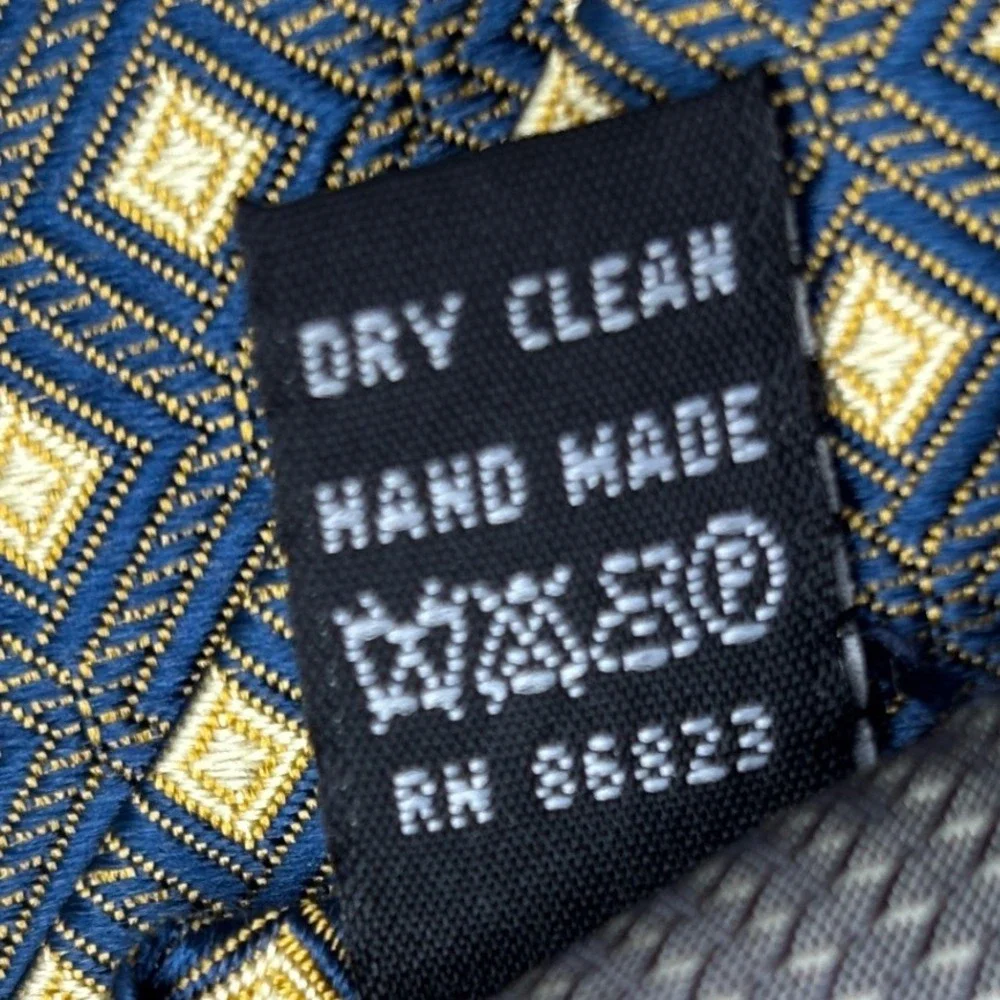 Alexander Julian Colours 100% Silk Necktie Blue Gold Geometric Square Pattern